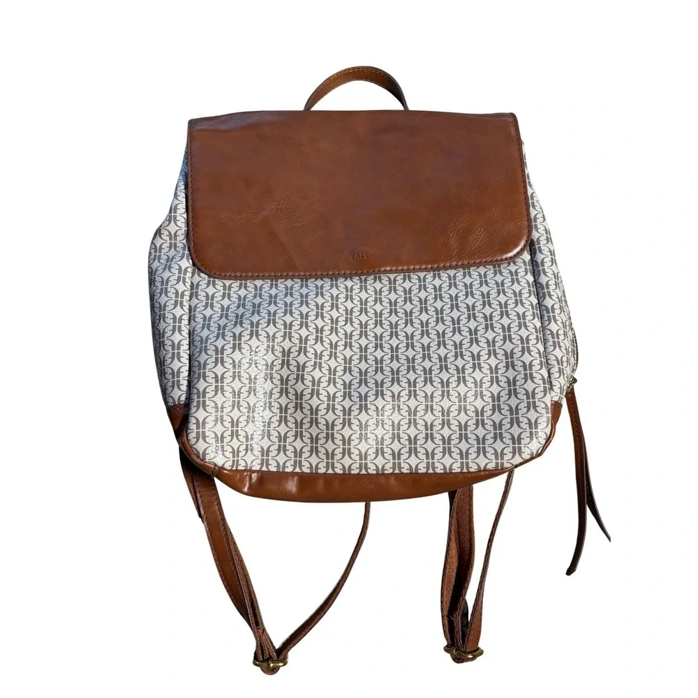 Fossil Vegan Monogram Coated Canvas Backpack Flap Closure Bag Travel‎ Minimalist